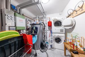- une buanderie avec un lave-linge et un sèche-linge dans l'établissement Schöneben Chalet Wiesenwald, à Wald im Pinzgau