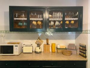 a kitchen with a counter with a microwave and a counter top at Casa de Santiago in São Tiago de Besteiros +28 photos