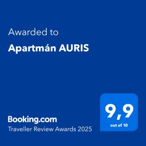 Certifikát, ocenenie alebo iný dokument vystavený v ubytovaní Apartmán AURIS