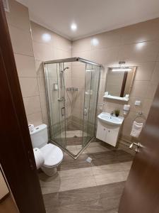 a bathroom with a shower and a toilet and a sink at From Sunrise to Sunset at Oak Residence Smolyan in Smolyan +49 photos