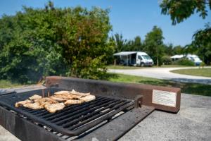a grill with a bunch of food cooking on it at Camping Seasonova Le Plan d'Eau in Saint-Yrieix-sur-Charente