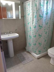 Un baño con lavabo y cortina de ducha. en Casa KAIROS, en Federación
