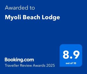 Certifikát, hodnocení, plakát nebo jiný dokument vystavený v ubytování Myoli Beach Lodge