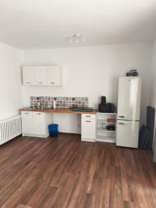 a kitchen with a refrigerator and a wooden floor at Apartmán Vacovi in Olomouc