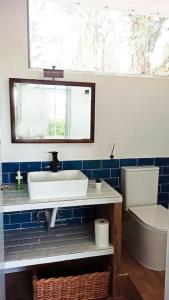 a bathroom with a sink and a mirror and a toilet at El Pinsapo in Segovia