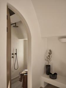 a white bathroom with a shower and a potted plant at Ark in Pirgos