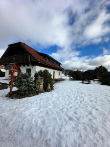 a house with a snow covered yard in front of a building at Slunečná Lada in Borová Lada