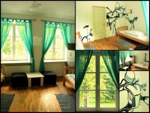 a collage of four pictures of a room at Pogo Hostel in Vilnius