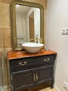a bathroom sink with a large mirror on a dresser at La Nichée appartement 2 chambres in Trévoux +30 photos