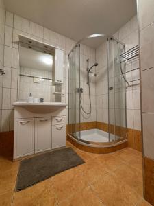 a bathroom with a shower and a sink at Anita Apartments in Flattach +11 photos