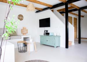 a living room with a blue cabinet and a tv at By Tons Huisje inclusief twee fietsen in Zegveld