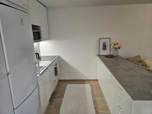 a kitchen with white appliances and a white refrigerator at Stylish top floor ap, with private parking, next to a tram stop in Tampere