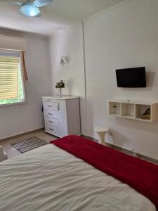 a bedroom with a bed and a tv on the wall at Flat Cavalinho Branco apt 610 in Águas de Lindóia +8 photos