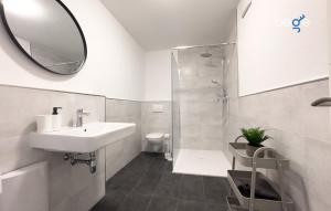 a bathroom with a sink and a shower and a mirror at BEGE APARTMENTS ConnectPoint in Nettetal