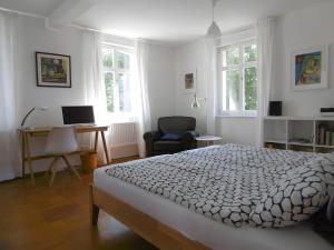 a bedroom with a bed and a desk with a computer at Schlößleweg 2a in Bodman-Ludwigshafen