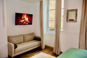 ein Wohnzimmer mit Sofa und Kamin in der Unterkunft L'Écrin Langrois in Langres