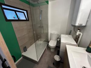 une salle de bain avec une douche en verre et des toilettes dans l'établissement Le Bois Jaillant - Wifi - Centre ville historique - Proche Gare, à Troyes 7 autres photos