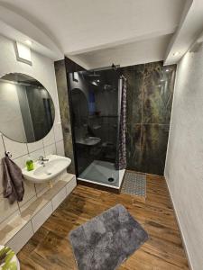 un bagno con lavandino e doccia di Ferienwohnungen Lerchl a Dachau Altre 79 foto