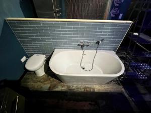 a bathroom with a bath tub and a toilet at Le Garage - logement insolite à 2 pas de Lille in Comines +29 photos
