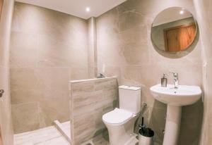 a bathroom with a toilet and a sink and a mirror at Bloom Garden Apartments in Ierissos +52 photos