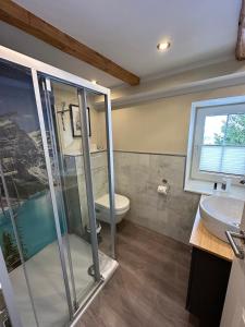 a bathroom with a shower and a toilet and a sink at Haus Bergstadtblick Fewo Auszeit in Sankt Andreasberg