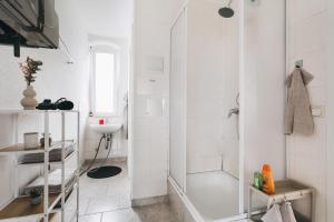 a white bathroom with a shower and a sink at Heideblick Apartment Dresden WIFI Netflix in Dresden +24 photos