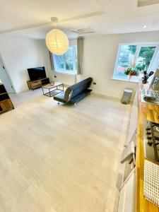 a living room with a couch and a television at Modern 2 bedroom apartment in cambridge in Milton