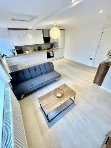 a living room with a blue couch and a coffee table at Modern 2 bedroom apartment in cambridge in Milton +22 photos