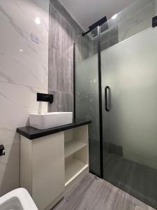 a bathroom with a sink and a shower at Cozy one bedroom apartment in Abuja