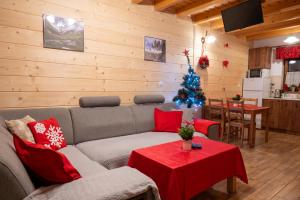 a living room with a couch and a christmas tree at DW KINGA i DOMKI in Kacwin