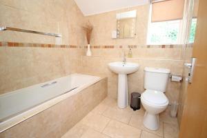 a bathroom with a toilet and a sink and a bath tub at Green Cottage in Porthmadog +12 photos