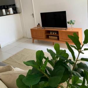 a living room with a television on a wooden entertainment center at Aconchegante Apartamento in Porto Seguro