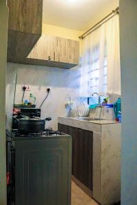 a small kitchen with a stove and a sink at The Cozy Cranny, Kamakis in Ruiru