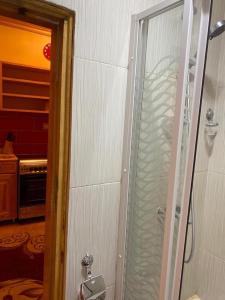 a shower with a glass door in a bathroom at Oscar Apartment ! 11 ! in Luxor +39 photos
