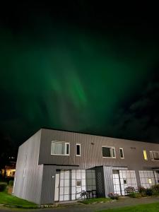 ein großes Metallgebäude mit grünem Himmel in der Unterkunft Spacious 3 bed terraced house in Trondheim