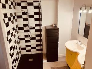 baño con lavabo y ducha con pared a cuadros en La Taverne Bretonne, en Renac 11 fotos más