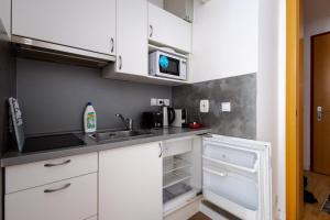 une petite cuisine avec des armoires blanches et un évier dans l'établissement Praha 2, à Prague