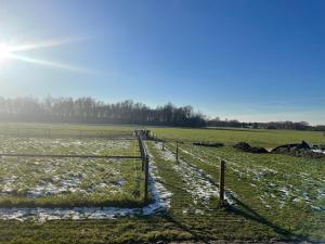 a fence in the middle of a field with snow at De kraaiende haan in Liessel