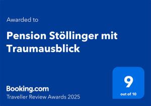 Pension Stöllinger mit Traumausblick的证书、奖牌、标识或其他文件
