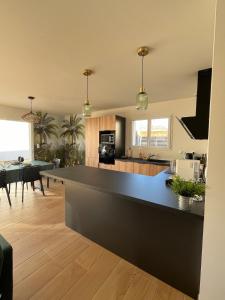 居让梅斯特拉Maison familiale piscine 3 chambres Gujan-Mestras !的厨房以及带黑色台面的起居室。