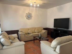 a living room with couches and a flat screen tv at SOFIA Hotel in San Miguel Tlamahuco