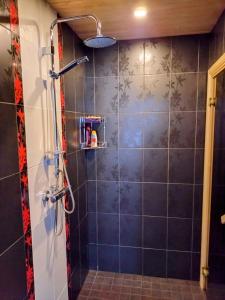 a bathroom with a shower with blue tiles at Teoste puhkemaja in Naha