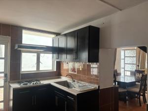 a kitchen with black cabinets and a sink at SOFIA Hotel in San Miguel Tlamahuco