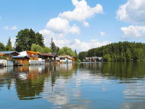 a large body of water with houses and buildings at Bootshaus in Mirow mit überdachter Terrasse in Mirow
