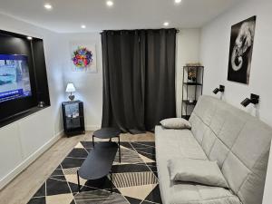 un salon avec un canapé et une télévision à écran plat dans l'établissement Le Cocon de Marine, à Triel-sur-Seine