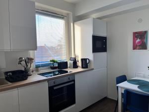 a kitchen with white cabinets and a counter top at Treasure Land Apartman in Miskolc