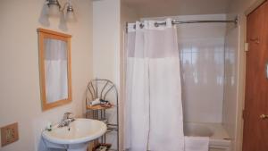 a bathroom with a white shower curtain and a sink at Mountain Creek Tavern in Mount Holly Springs +17 photos