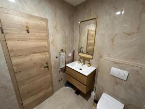 a bathroom with a sink and a toilet and a mirror at House Sunshine in Mrljane +17 photos
