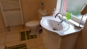 ein Badezimmer mit Waschbecken und Toilette und einem Fenster in der Unterkunft Pendine Sands Guest House in Pendine