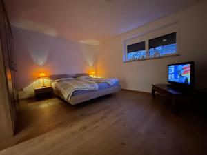 a bedroom with a bed and a flat screen tv at Moderne Ferienwohnung am Rothsee in Hilpoltstein